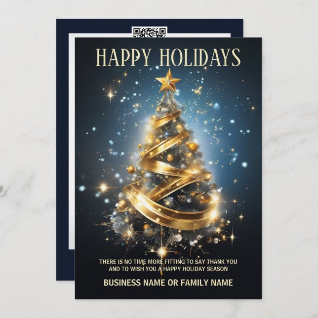 Luxury business christmas blue gold photo logo DIY Holiday Card (Front/Back)