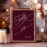 Luxury Calligraphy Burgundy Wedding Number 18, Table Number<br><div class="desc">Table 18. Please check all available numbers. | Luxury and elegant swirly calligraphy wedding table number with your initials.  For more advanced customisation of this design,  please click the BLUE DESIGN TOOL BUTTON above!</div>