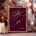 Luxury Calligraphy Burgundy Wedding Number 2,  Table Number<br><div class="desc">Table 2. Please check all available numbers. | Luxury and elegant swirly calligraphy wedding table number with your initials.  For more advanced customisation of this design,  please click the BLUE DESIGN TOOL BUTTON above!</div>