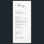 Luxury Calligraphy Elegant Wedding Reception Menu<br><div class="desc">Simple elegant wedding dinner menu: This elegant and simple black and white wedding menu captures a soft, romantic feel that perfectly complements any modern and timeless wedding theme. Personalised with the couple's names, the front of the menu beautifully showcases each course in a clean and sophisticated layout, exuding understated elegance....</div>