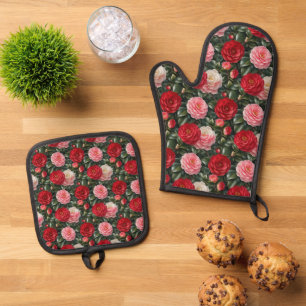 Luxury Camellia Blossom Foliage Oven Mitt & Pot Holder Set