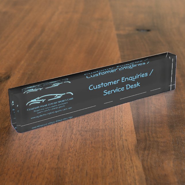 Luxury Car logo - Ice Blue Sports Car on black Nameplate (Side)