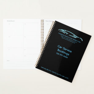 Luxury Car logo - Ice Blue Sports Car on black Planner
