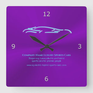 Luxury Car logo - Ice Blue Sports Car on purple Square Wall Clock