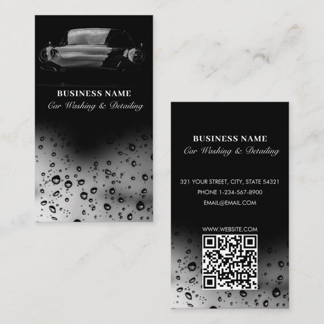 Luxury Car Wash Automotive Cleaning QR Code Black Business Card (Front/Back)