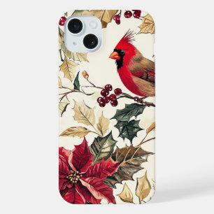 Luxury Cardinal Poinsettia Christmas Cream Red iPhone 15 Plus Case