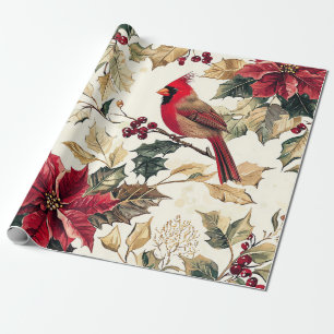Luxury Cardinal Poinsettia Christmas Cream Red Wrapping Paper