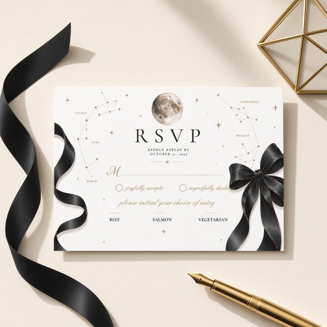 Luxury Celestial Moon Black Bow Wedding RSVP Card (Creator Uploaded)