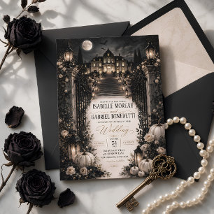Luxury Celestial Moon Gothic Mansion Halloween Invitation