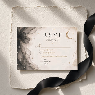 Luxury Celestial Moon Wedding   Black Tulle Bow  RSVP Card
