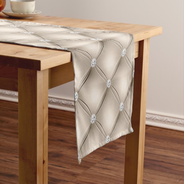 Luxury Champagne Diamond Tufted Pattern Short Table Runner (In Situ)