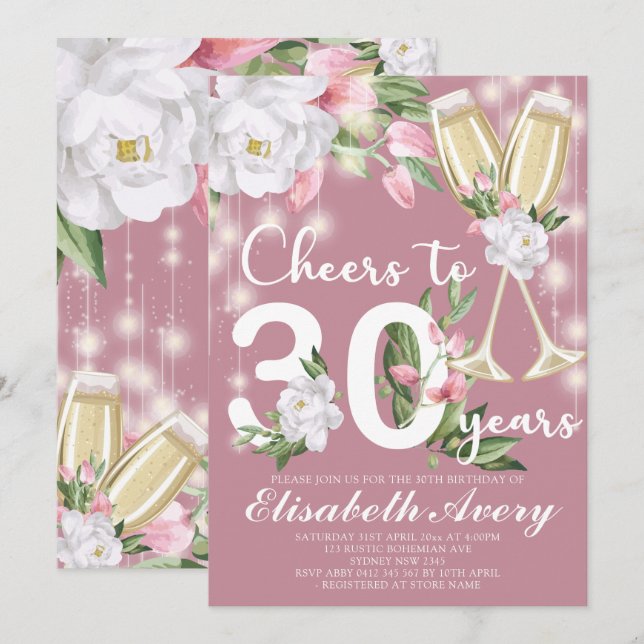 Luxury Champagne Floral 30th Birthday Party Invitation (Front/Back)