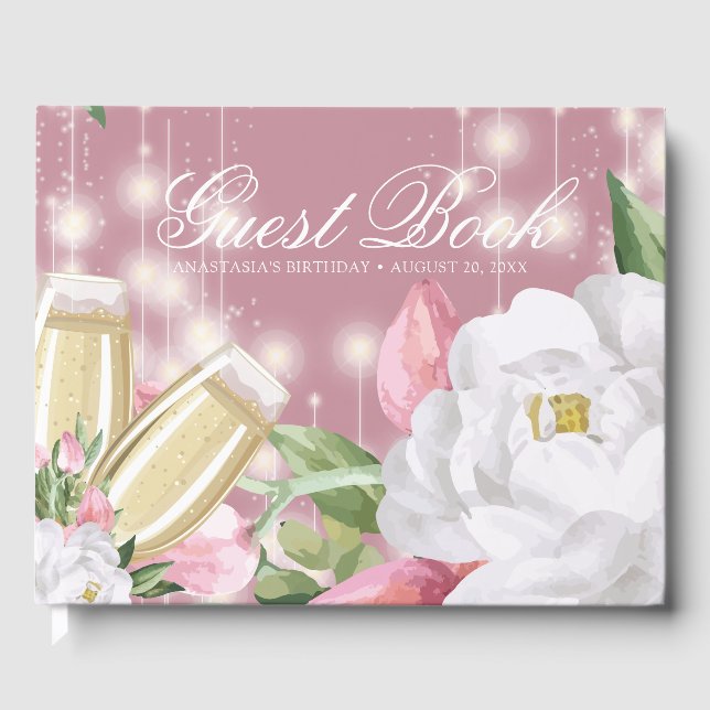 Luxury Champagne Floral Birthday Guest Book (Front)