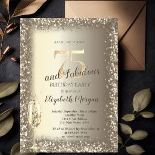 Luxury Champagne Glass Gold Confetti Frame 75th  Invitation