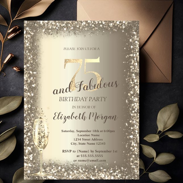 Luxury Champagne Glass Gold Confetti Frame 75th  Invitation (Creator Uploaded)