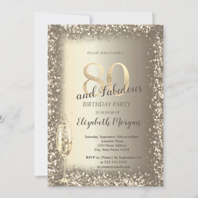 Luxury Champagne Glass Gold Confetti Frame 80th  Invitation (Front)