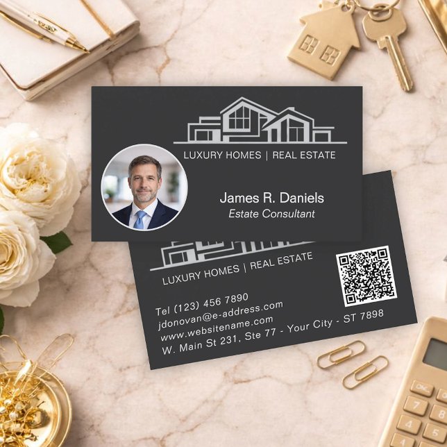 Luxury Charcoal Gray Real Estate Chic Professional Business Card (Creator Uploaded)