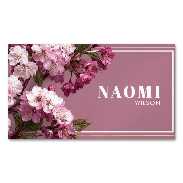 Luxury Cherry Blossom Gold Frame Magnetic Business Card (Front)
