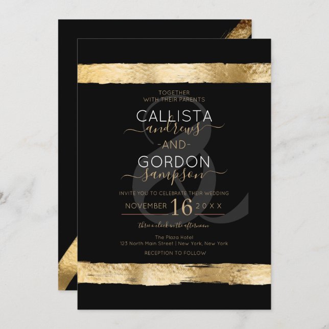 Luxury Chic Black Gold Brushstroke Border Wedding Invitation (Front/Back)