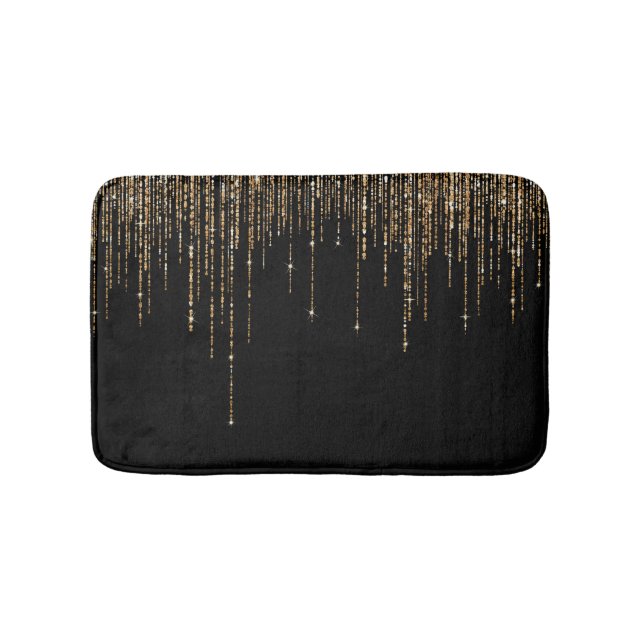Luxury Chic Black Gold Sparkly Glitter Fringe Bath Mat (Front)