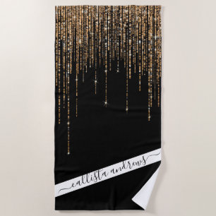 Luxury Chic Black Gold Sparkly Glitter Fringe Beach Towel