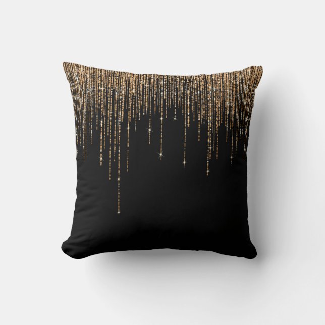 Luxury Chic Black Gold Sparkly Glitter Fringe Cushion (Front)