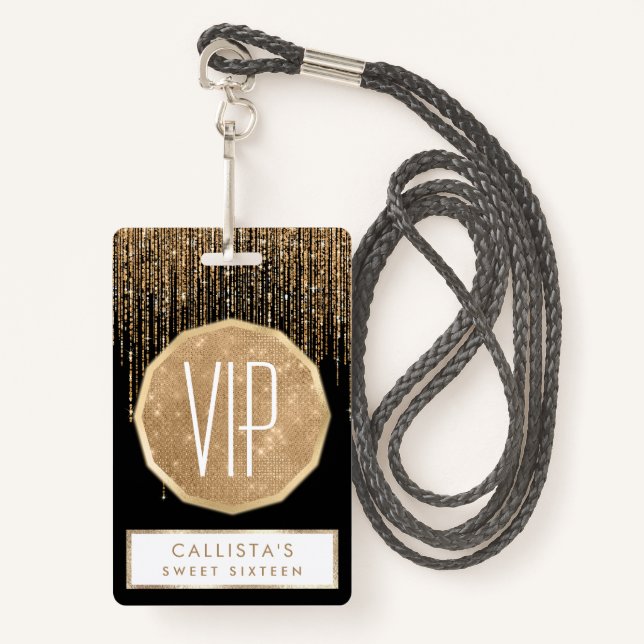 Luxury Chic Black Gold Sparkly Glitter Fringe ID Badge (Front with Lanyard)