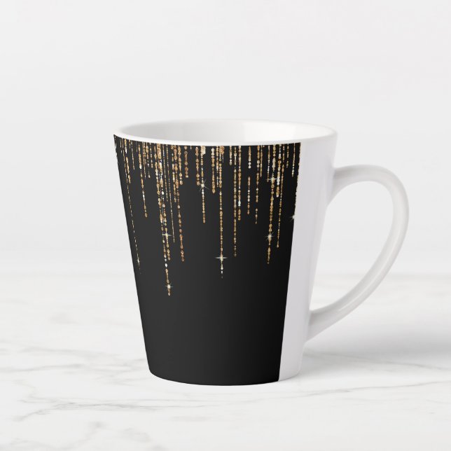 Luxury Chic Black Gold Sparkly Glitter Fringe Latte Mug (Right)