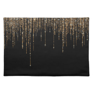 Luxury Chic Black Gold Sparkly Glitter Fringe Placemat