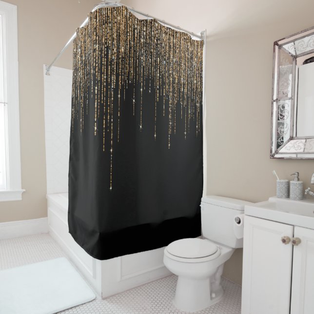 Luxury Chic Black Gold Sparkly Glitter Fringe Shower Curtain (In Situ)