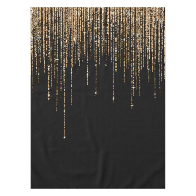 Luxury Chic Black Gold Sparkly Glitter Fringe Tablecloth (Front)