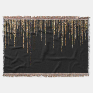 Luxury Chic Black Gold Sparkly Glitter Fringe Throw Blanket