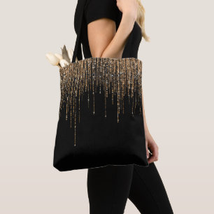 Luxury Chic Black Gold Sparkly Glitter Fringe Tote Bag