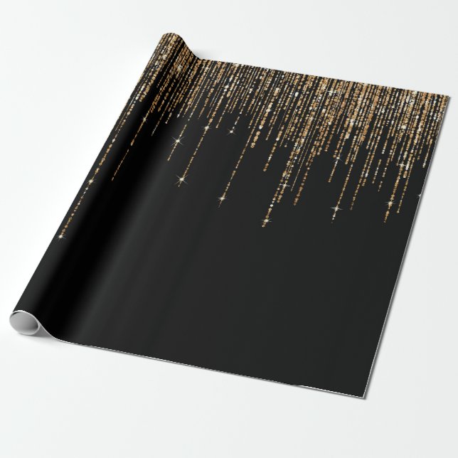 Luxury Chic Black Gold Sparkly Glitter Fringe Wrapping Paper (Unrolled)