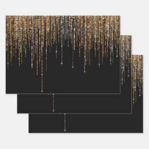 Luxury Chic Black Gold Sparkly Glitter Fringe Wrapping Paper Sheet