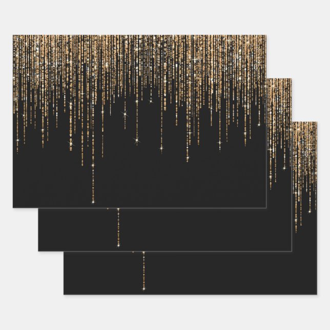 Luxury Chic Black Gold Sparkly Glitter Fringe Wrapping Paper Sheet (Set)