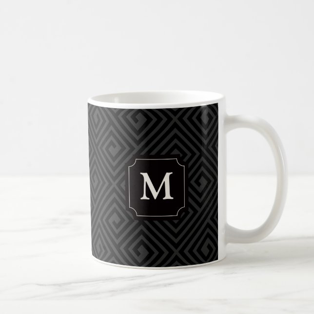 Luxury Chic Black Grey Greek Key Pattern Monogram Coffee Mug (Right)