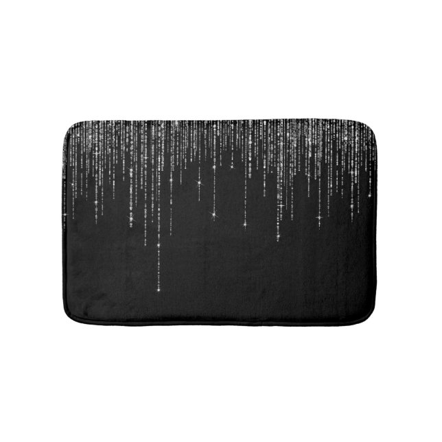 Luxury Chic Black Silver Sparkly Glitter Fringe Bath Mat (Front)