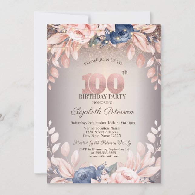 Luxury Chic Floral,String Lights 100th Birthday   Invitation (Front)