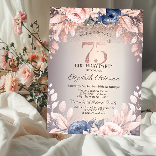 Luxury Chic Floral,String Lights 75th Birthday   Invitation (Creator Uploaded)