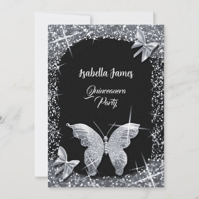 luxury chic glitter black silver Butterfly elegant Invitation (Front)