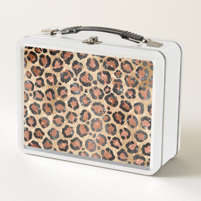 Luxury Chic Gold Black Brown Leopard Animal Print Metal Lunch Box (Front)