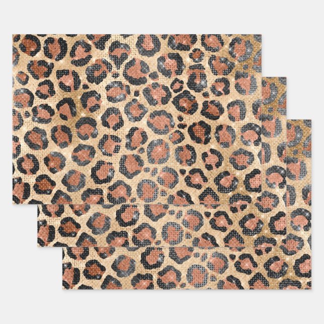 Luxury Chic Gold Black Brown Leopard Animal Print Wrapping Paper Sheet (Set)