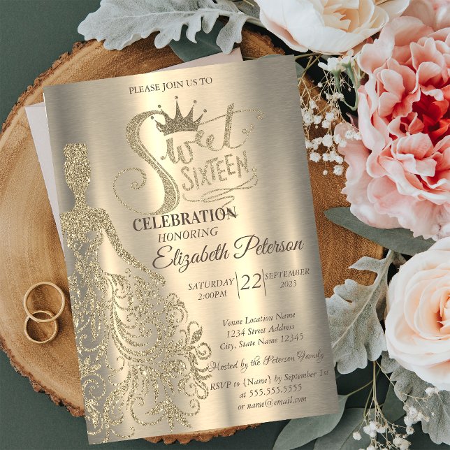 Luxury Chic Gold Glitter Dress,Tiara Sweet 16  Invitation (Creator Uploaded)