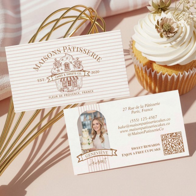 Luxury Chic Professional Home Baker Cupcake Bakery Business Card (Stripe Floral Cupcake Bakery Cake Designer Shop Business Card)
