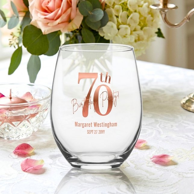 Luxury Chic Rose Gold Elegant 70th Birthday Stemless Wine Glass (Creator Uploaded)