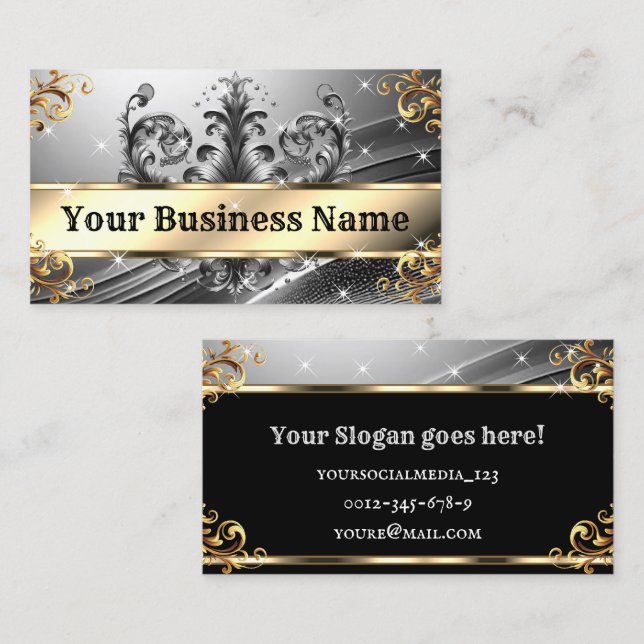 Luxury Chic Royal Ornament Glam Silver Gold Ombre Business Card (Front/Back)