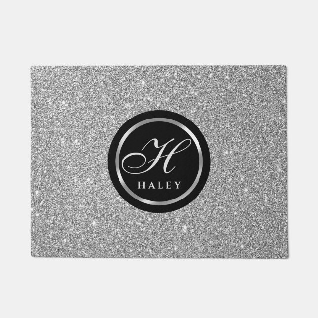 Luxury Chic Silver Grey Glitter Monogram Initial Doormat (Front)