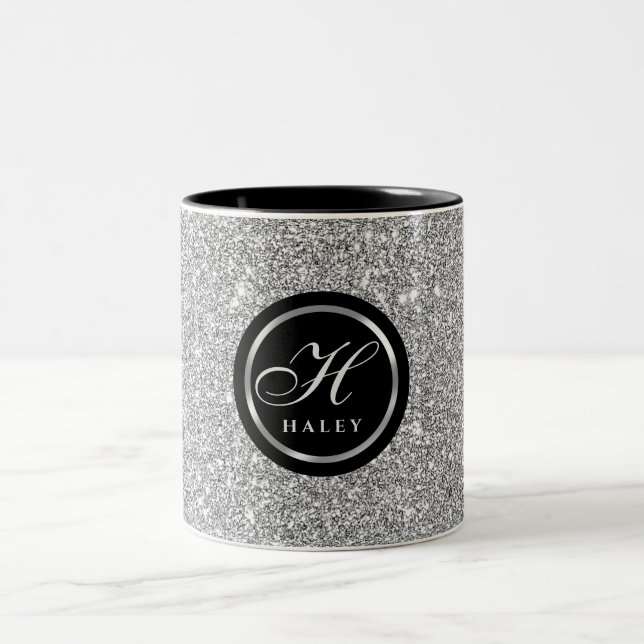 Luxury Chic Silver Grey Glitter Monogram Initial Two-Tone Coffee Mug (Center)
