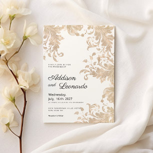 Luxury chic white gold floral lace Wedding Invitation